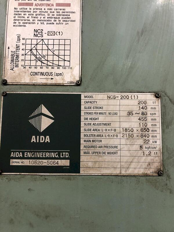 220 Ton, Aida #NCS-200(1), straight side double crank press, 5.51"stroke, 17.91"Shut Height, 4.33"adj., 35 - - Image 7