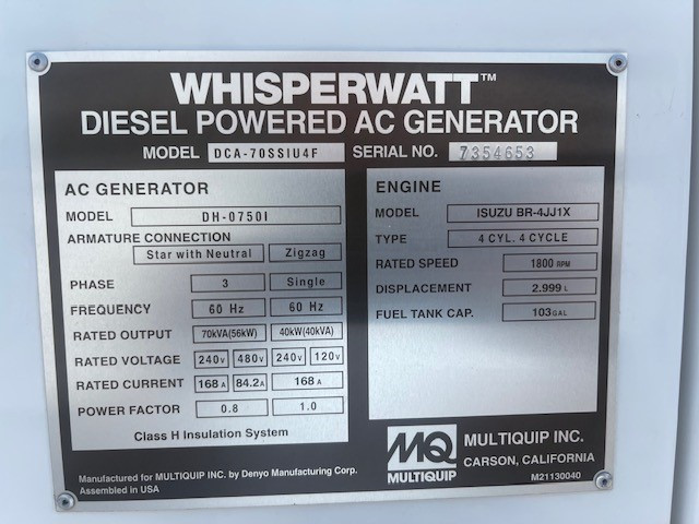 56 KW Multiquip #DCA70SSIU4f, diesel, sound attenuated enclosure, 240/480 Volts, 5669 hours, 2018 - Image 8