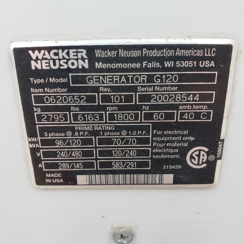96 KW Wacker Neuson #G120, diesel, sound attenuated enclosure, 240/480 Volts, 20764 hours - Image 10