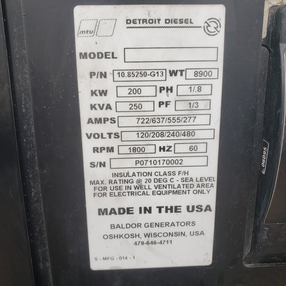 200 KW Detroit Diesel #MTU200, diesel, sound attenuated enclosure, 240/480 Volts, 1363 hours, 2007 - Image 8