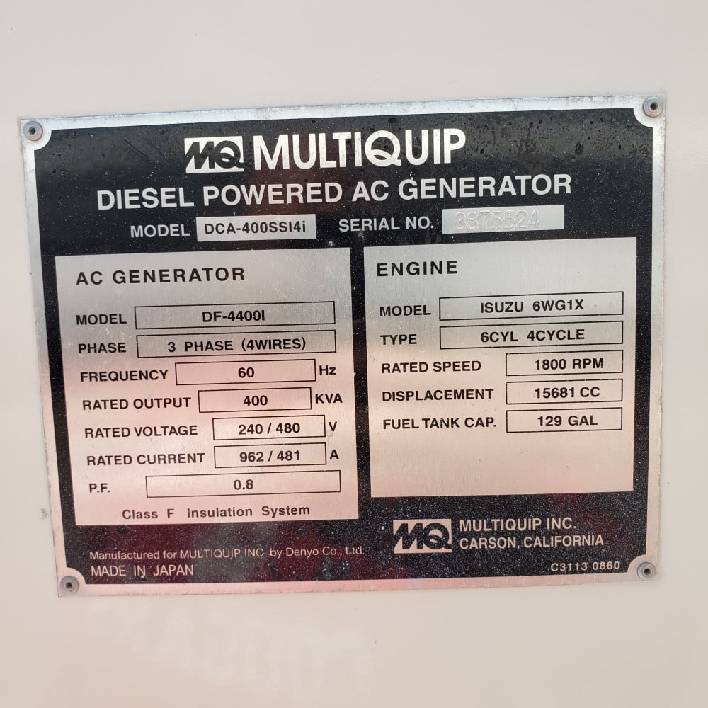 320 KW Multiquip #DCA400SSI4i, diesel, sound attenuated enclosure, 240/480 Volts, 9934 hours; 2013 - Image 9