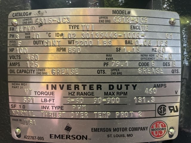 100 HP 900 RPM U.S. Motors, Frame 447VP, TEFC BB, 460 Volts, new surplus, (2 available) - Image 6