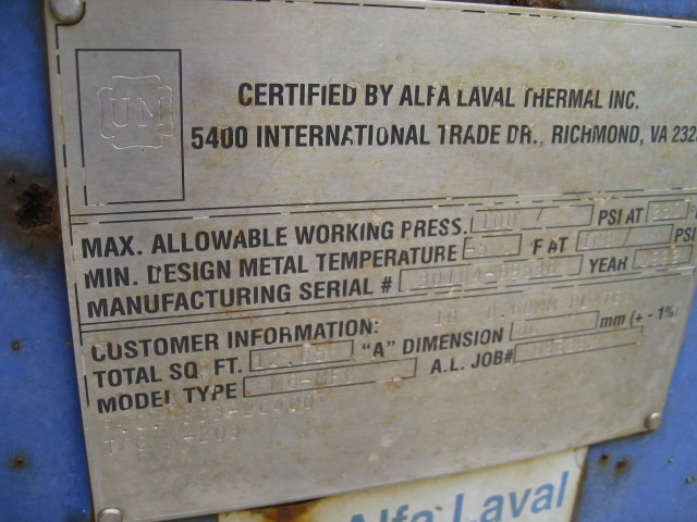 12 sq.ft., Alfa-Laval, M6-MFG, 10 plates, 150 psi, 230°F, 1999 - Image 5