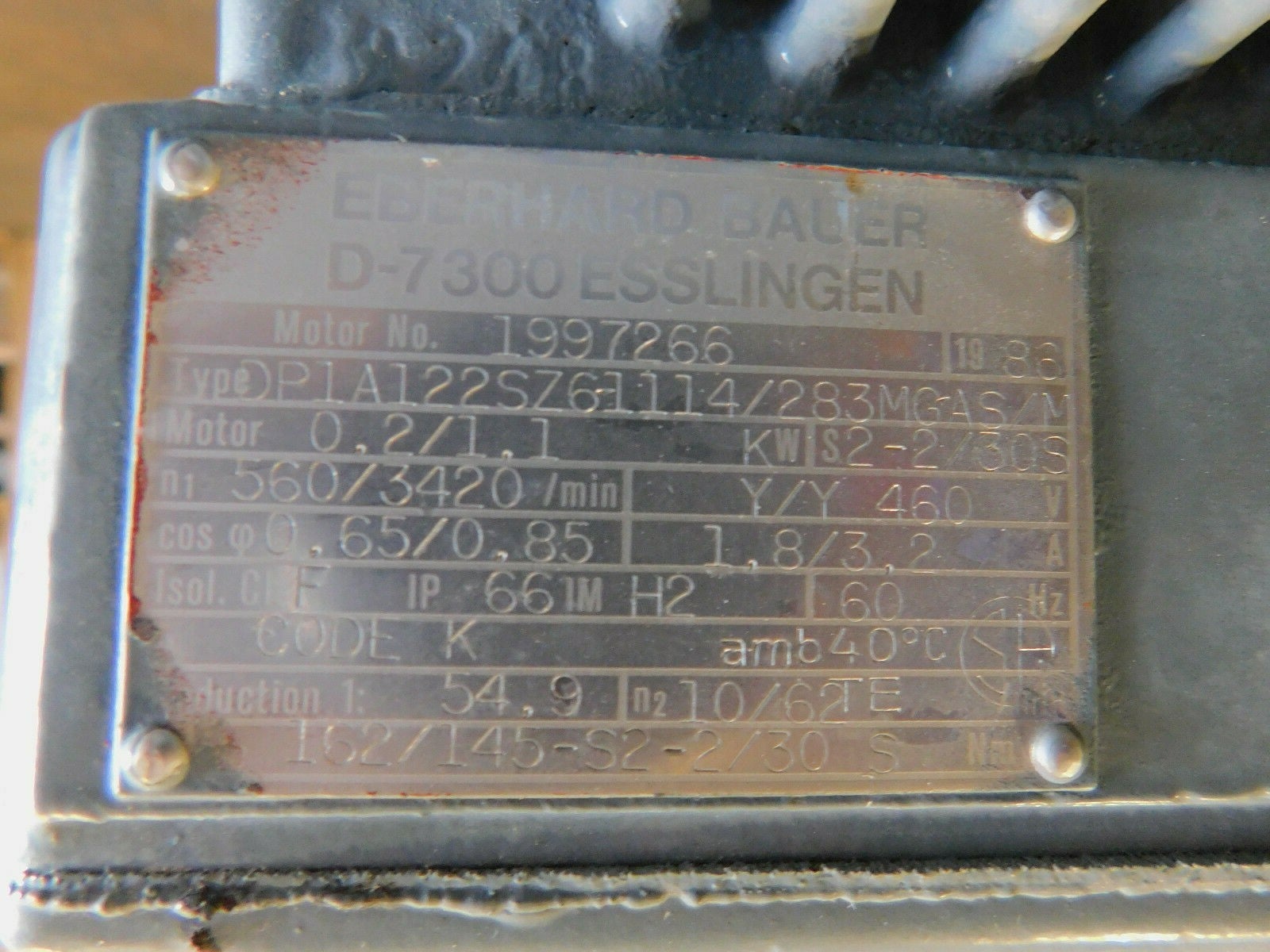 560/3420 RPM, Eberhard Bauer #1997266, Gear Reducer w/Motor, 460 Volts, 54.90:1 Ratio, 2" dia. shaft, Rebuilt - Image 3