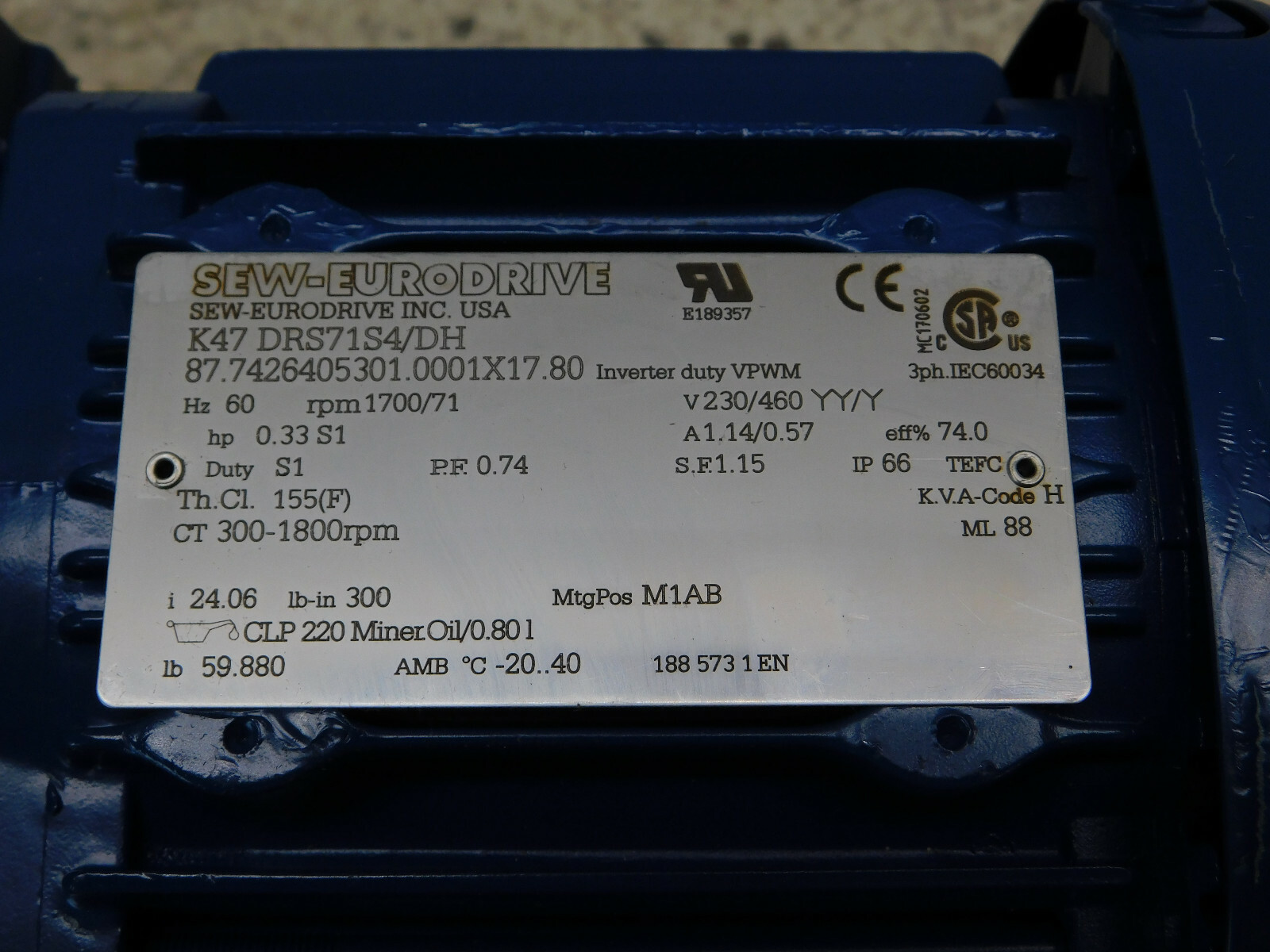 .33 HP @ 1700 RPM, Sew-Eurodrive #K47 DRS71S4/DH, Gear Reducer, 71 RPM output, 1.15 S.F., 230/460 V, 1-1/4" - Image 5