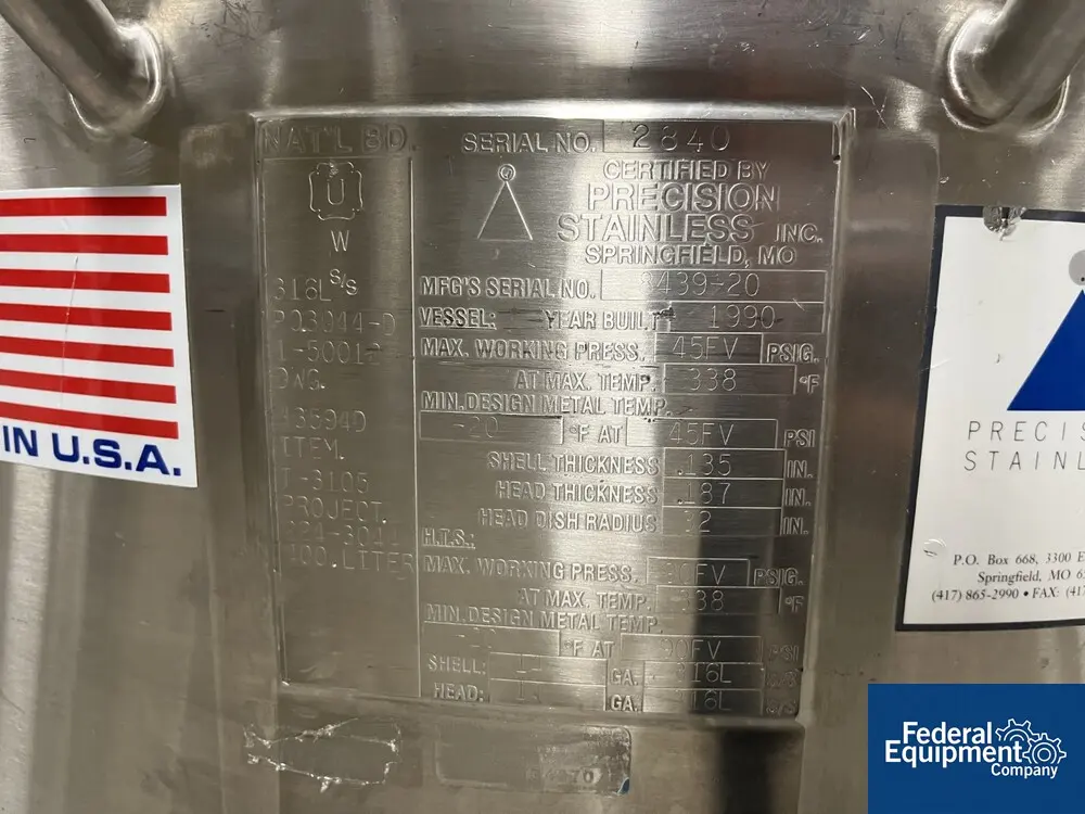 Precision, Stainless Reactor, 316L Stainless Steel, 400 Liter, 45 psi internal, 90 psi jacket, 338 F, 0.30 - Image 2