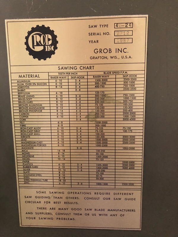 24" x 12" Grob #4V-24, vertical band saw, serial #2712 - Image 2