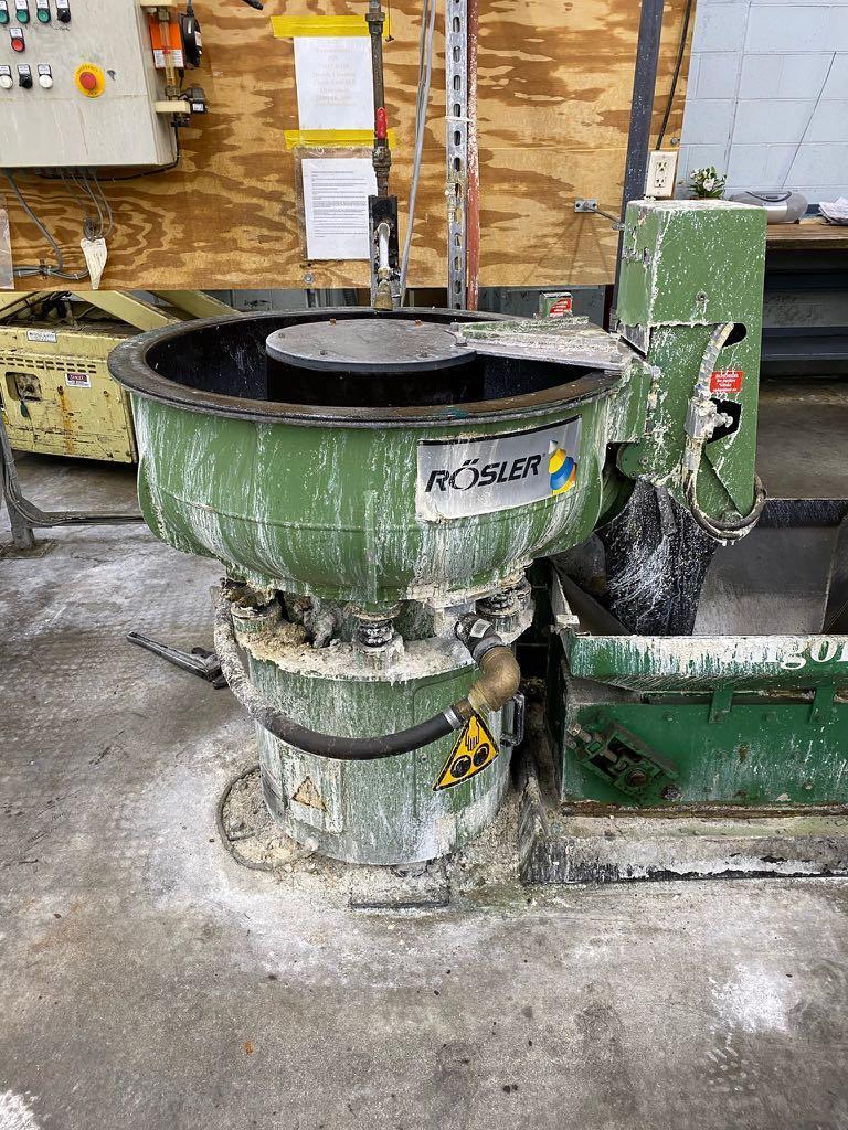 Rosler #R/125/50, vibratory finisher, 30" wide, 12" deep, 25" discharge height, rubber lined bowl, 1999 - Image 1