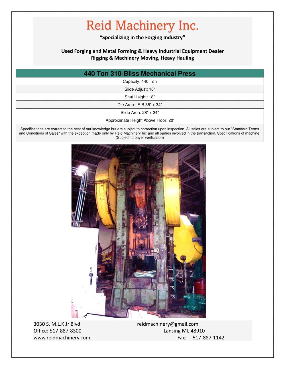 440 Ton, Bliss #310, mechanical press, 18" Shut Height, 16" slide adjust., 35" x 34" die area - Image 1