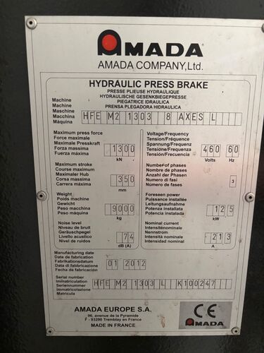 146 Ton, Amada #HFE-M2-1303, CNC press brake, 10.3'OA, 106" between housing, 7.8" stroke, 2012 | LR 85396 - Image 7