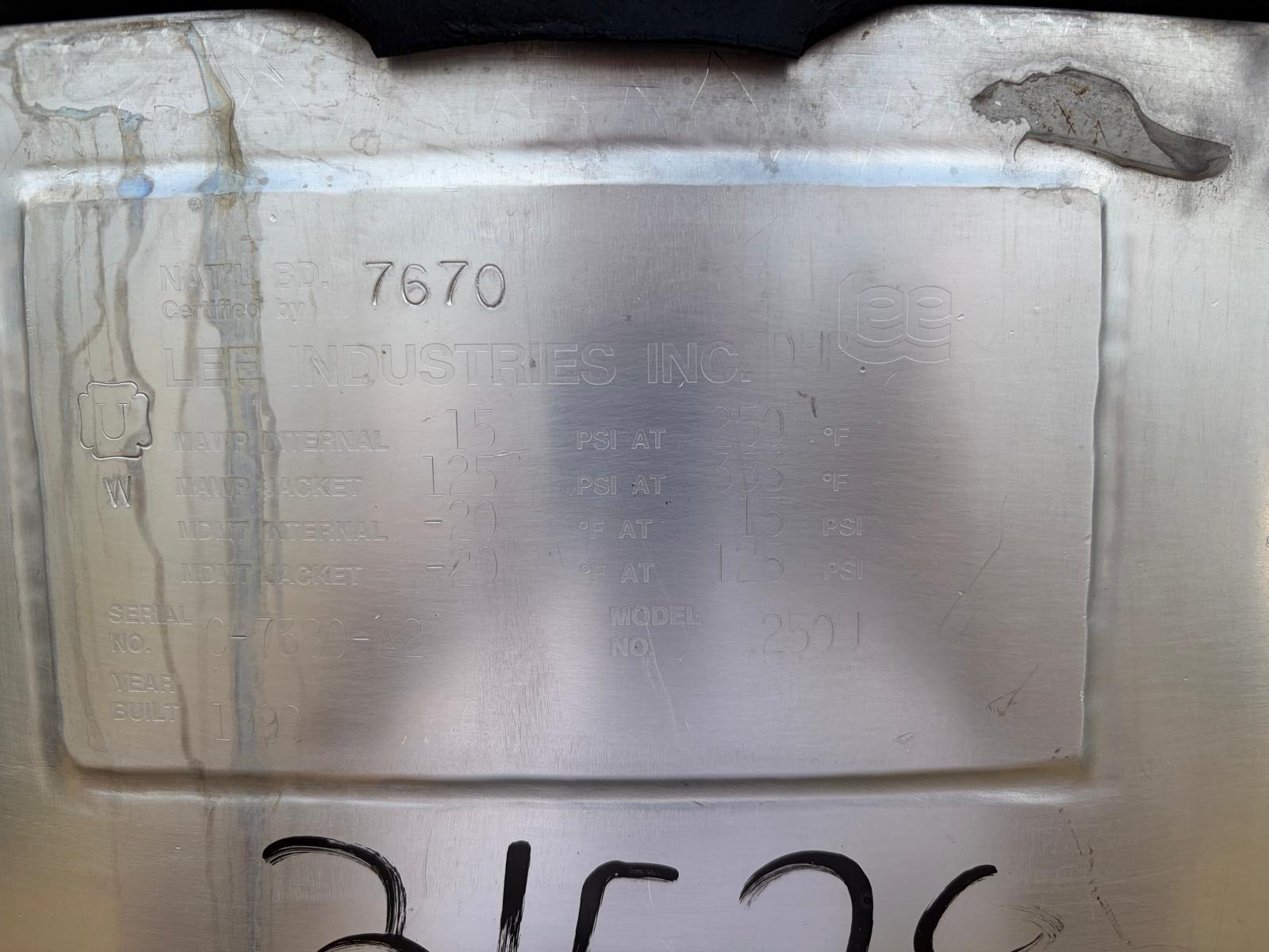 400 gallon Lee #250U, Stainless Steel jacketed mix tank, 48" dia. x 55" straight side, 100 psi - Image 4