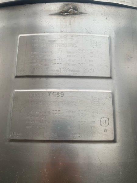 400 gallon Lee #250U, Stainless Steel jacketed mix tank, 48" dia. x 55" straight side, 125 psi, 1999 - Image 2