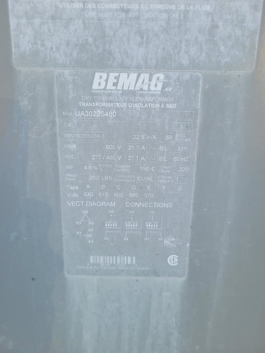 22.5 KVA 600 V to 480 V, Bemag UA3022S480, Dry Type transformers, new (3 available) - Image 2