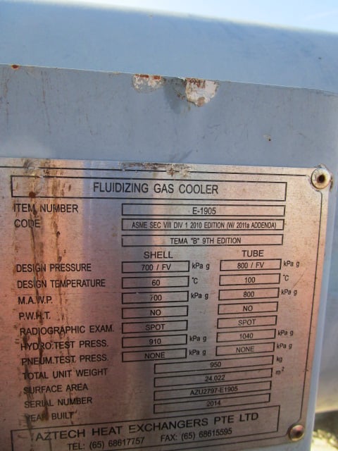 258 sq.ft., 101 psi shell, Aztech Heat Exchanger, FV / 116 psi @ 212 deg. F. Stainless Steel tube - Image 4