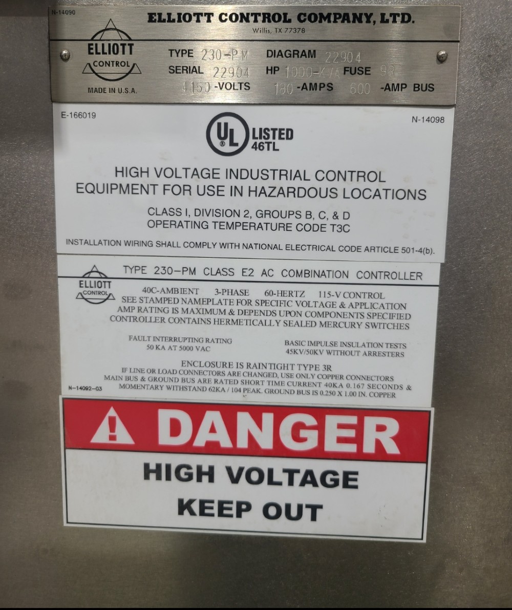 350 HP Elliott, 230-PM, explosion proof across the line starters, 4100 Volts - Image 2