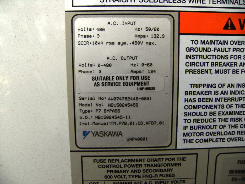 100 HP Yaskawa, CIMR-F7U4055, vari-speed drive, 380/480 Volts (2 available) - Image 5