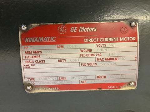 75 HP 3500 RPM General Electric 5CD184WC002A804, Frame CD328TCY, DPFG-BV, shunt wound, 500 VA, 150/300 VF - Image 2