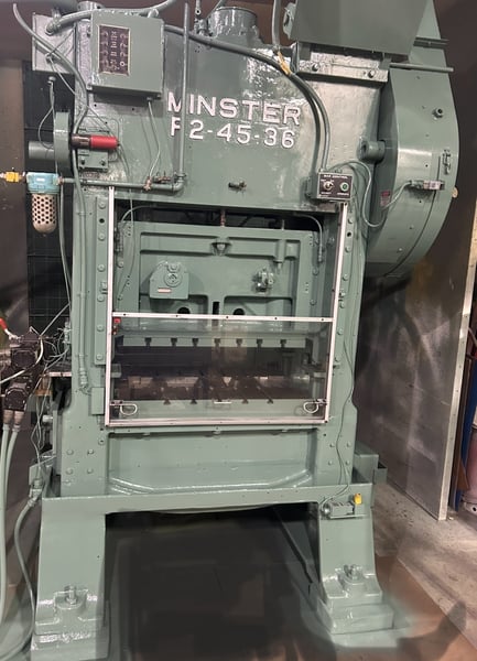 45 Ton, Minster #P2-45, 2-1/2" stroke, 13.5" Shut Height, 3" slide adjustment, 36" x25" bed, 0-400 SPM - Image 1