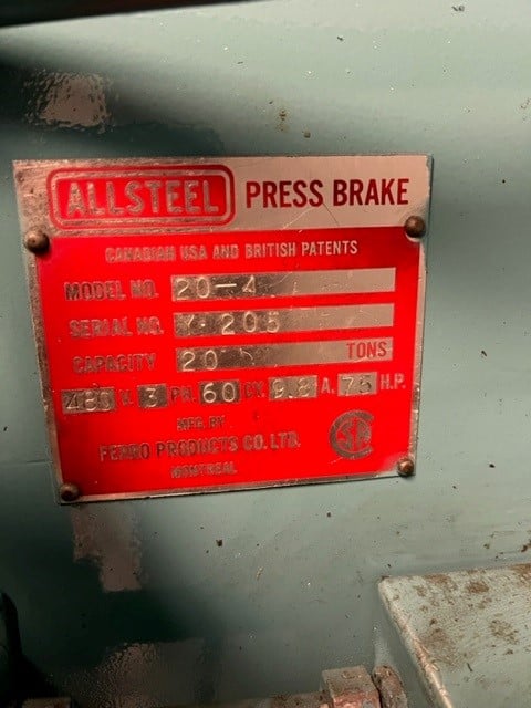 20 Ton, Allsteel #20-4, hydraulic press brake, 4' overall, 38" between housing, 10" throat, 0 to 4" stroke - Image 3