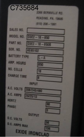 Depth #03E2-18-850, Battery Charger, 18 cell batteries, 208/240/460 VAC input, 36 VDC output - Image 2