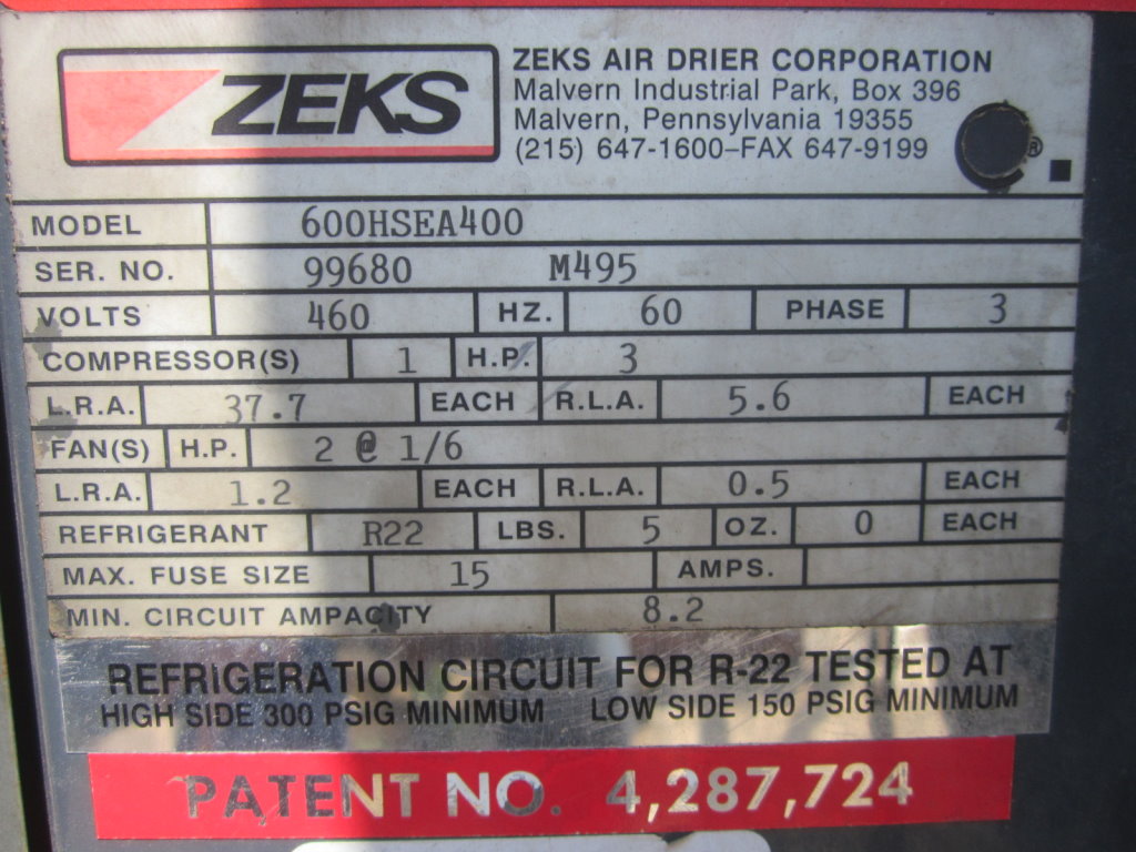 Zeks #600GSEA- 400, Refrigerated Air Cooled Dryer, R-22, 3-fan compressor, tested at 300/150 psig, 2 HP, 460 V - Image 6