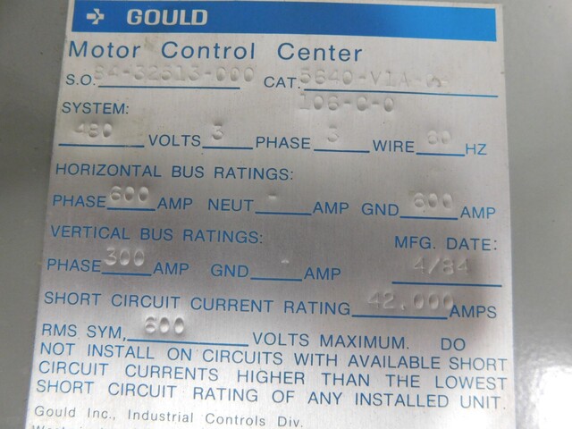 Goulds, 2 section 600 a motor con, (8) 12" MCC buckets, 480 Volts - Image 5