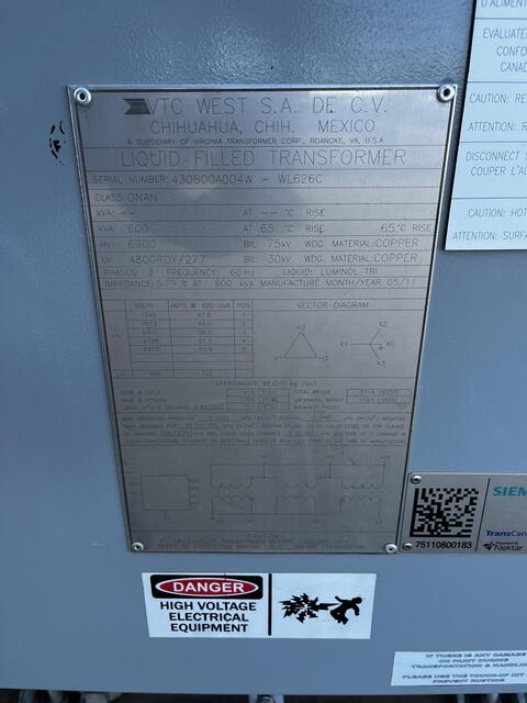 600 KVA 69000 Primary, 480Y/277 Secondary, Virginia transformer, 2011 (5 available) - Image 3