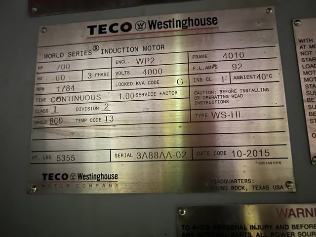 700 HP 1800 RPM Teco Westinghouse, Frame 4010, WPIISB, 4000 Volts (2 available) - Image 4