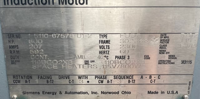 800 HP 600 RPM Siemens, Frame 3023S8, WPIIBB, 2300 Volts - Image 6