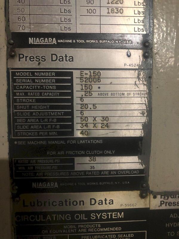 150 Ton, Niagara #E150, OBI press, 6" stroke, 20.5" Shut Height, 6" ram adj., 50" x30"bed, 40 SPM, air clutch - Image 10