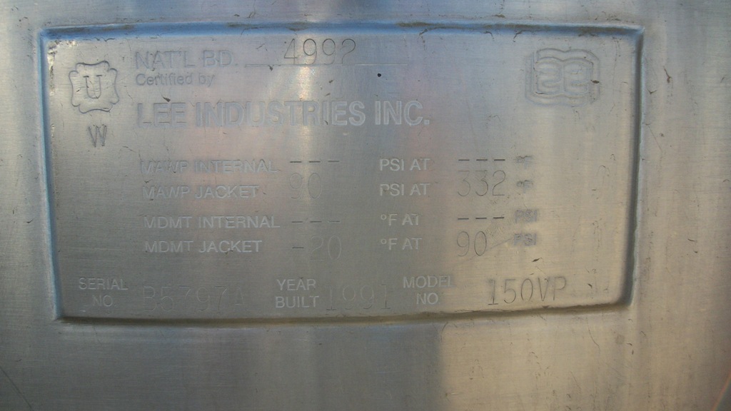 150 gallon Lee Industries #150VP, Vacuum Rated Kettle, Stainless Steel, 42" diameter x 44" deep Kettle, 2" - Image 4