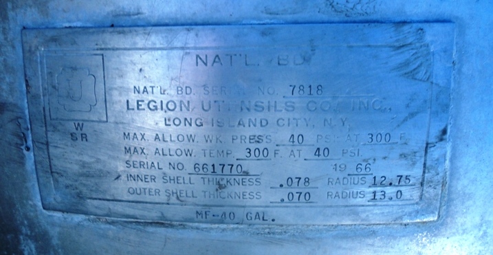 40 gallon Legion #MF-40 GAL, Jacketed Kettle, Stainless Steel, 26" diameter x 22" deep, 40 psi @ 300°F, 1966 - Image 5