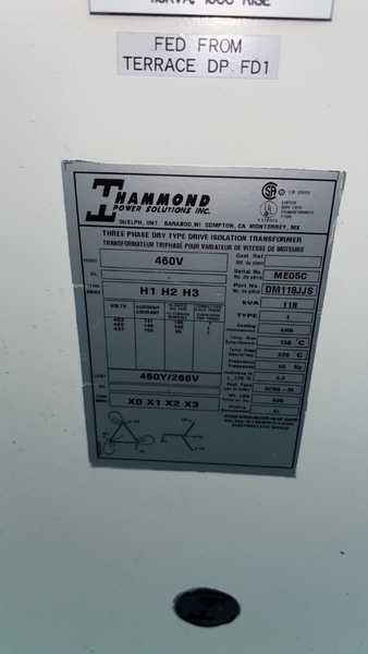 118 KVA 460 Primary, 460Y/266 Secondary, Hammond, w/taps - Image 2
