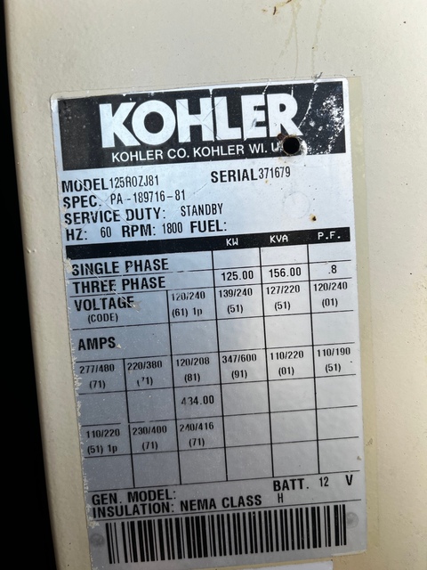 125 KW Kohler #125ROZJ81, standby, weatherproof enclosure, 120/208 Volts, 574 hours, $23k - Image 7