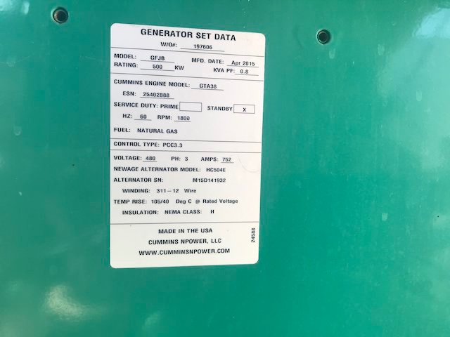 500 KW Cummins #GFJC, standby Natural Gas, sound attenuated enclosure, 277/480 Volts, 200 hours, 2015, $215k - Image 9
