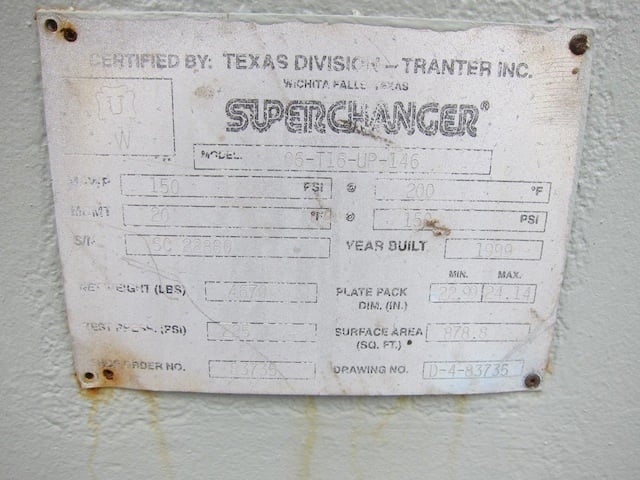 878 sq.ft., Tranter, 06-T16-UP-146, super changer plate exchanger, 150 psi, 200&deg;F, 1999 - Image 2