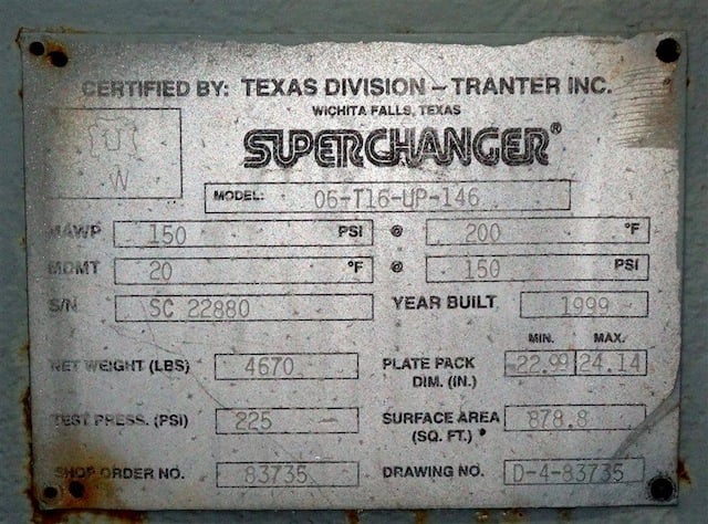878 sq.ft., Tranter, 06-T16-UP-146, super changer plate exchanger, 150 psi, 200&deg;F, 1999 - Image 10