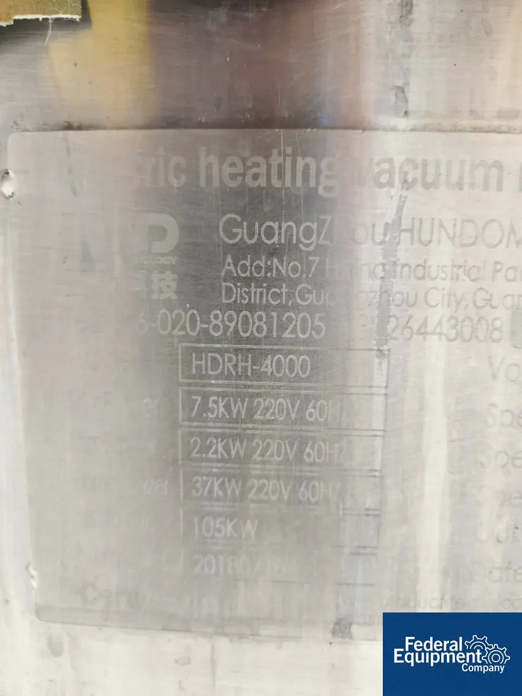 1056 gallon Hundom #HDRH-4000, Double Motion Process Kettle, Stainless Steel, 4000 Liter, 72" diameter x 60" - Image 3