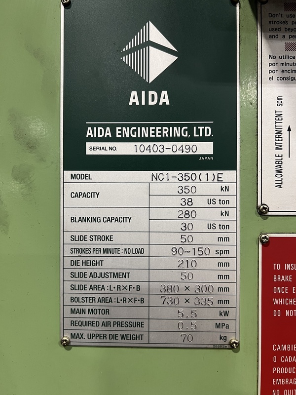 38 Ton, Aida #NC1-350, single crank gap frame press, 1.96" stroke, 8.26" Shut Height, 1.96" adj., 150 SPM - Image 3