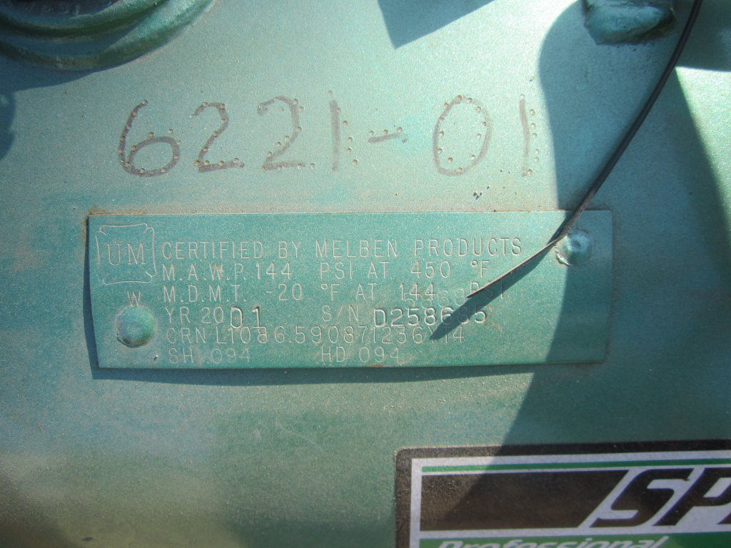 Speedaire, Air Receiver Tank, 12 gallon, 12" diameter x 24" straight side, 144 psi @ 450 F, 2001 - Image 3