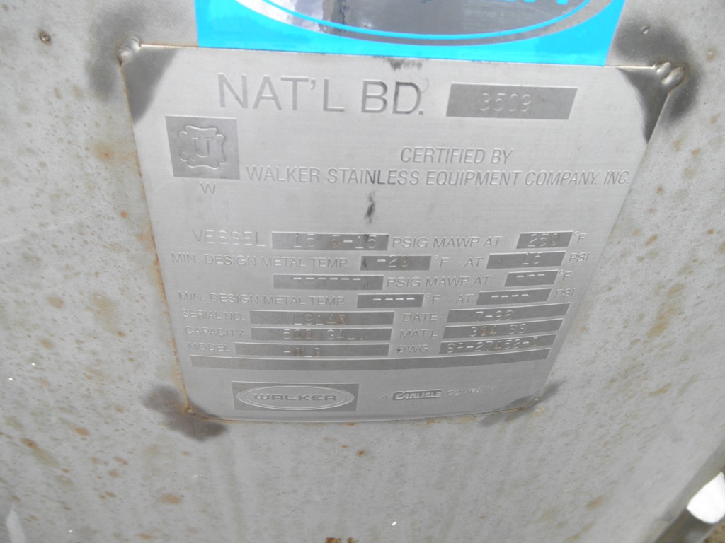 500 gallon Walker Hold, Stainless Steel Pressure Tank, 50" diameter x 50" straight side, 16" diameter Bolted - Image 4