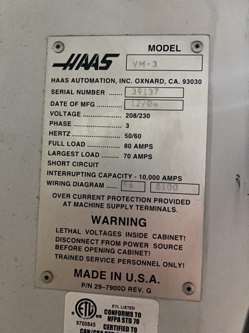 Haas #VM-3, CNC vertical machining center, 24 automatic tool changer, 40" X, 26" Y, 24" Z, 12000 RPM, CAT 40 - Image 7