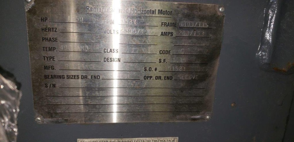1250 HP 3587 RPM Reliance, Frame 6809/11S, weather protected enclosure type 2, Sleeve Bearing, 2300/4160 Volts - Image 1