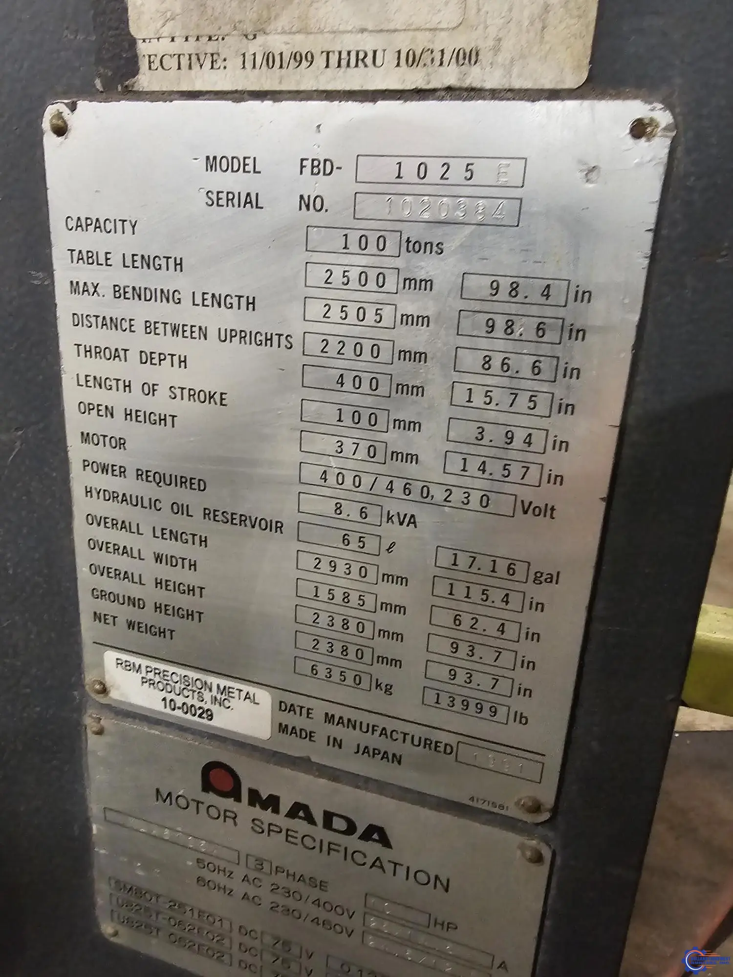 110 Ton, Amada #FBD-1025E, hydraulic press brake, 86.6" between housing, 3.94" stroke, 15.75" throat, 14.57" - Image 5