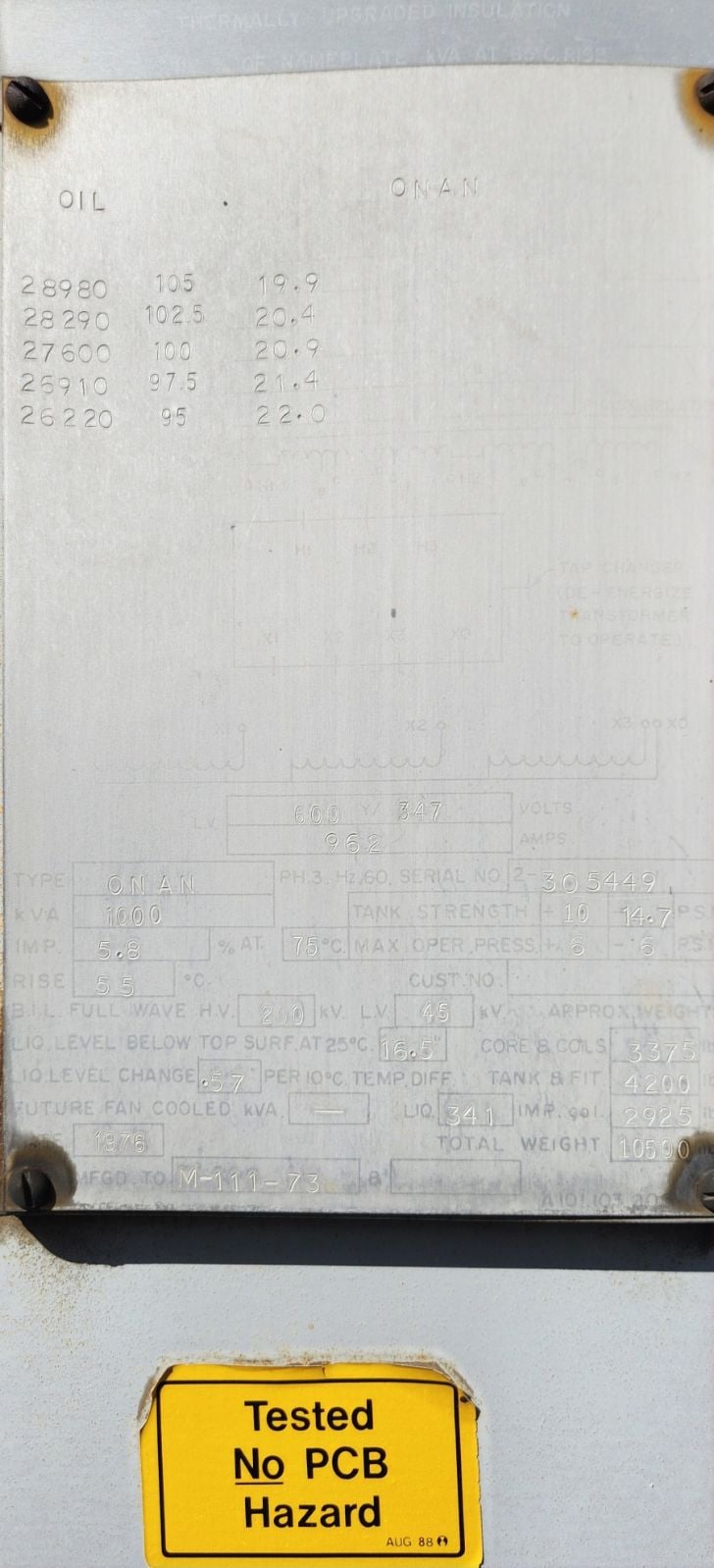 1000 KVA 27600 Primary, 600Y/347 Secondary, Square D, 1976 - Image 8