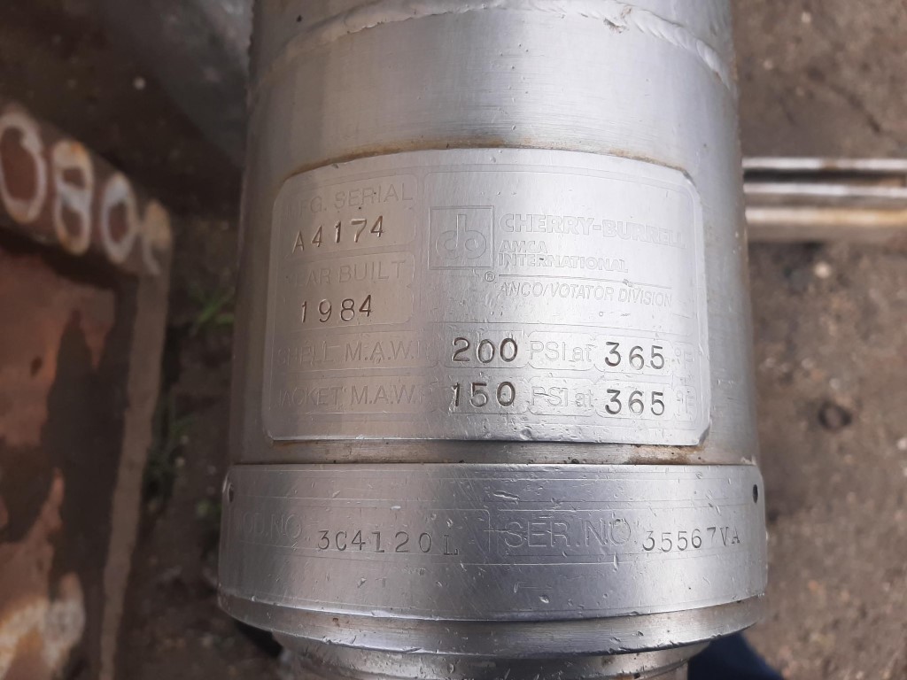 Cherry Burrell #3C4120L, Votator (barrel only), 4" diameter x 9'10" L, 200 psi @ 365&deg;F, 150 psi @ 365&deg;F - Image 5