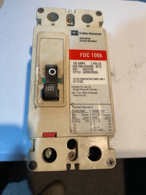 100 Amps, Cutler-Hammer, FDC-100K, 600 Volts breaker, 2-Poles - Image 1