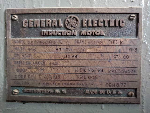 600 HP 890 RPM General Electric, Frame 8407S, foot mounted, 727 amps, 440 Volts - Image 5