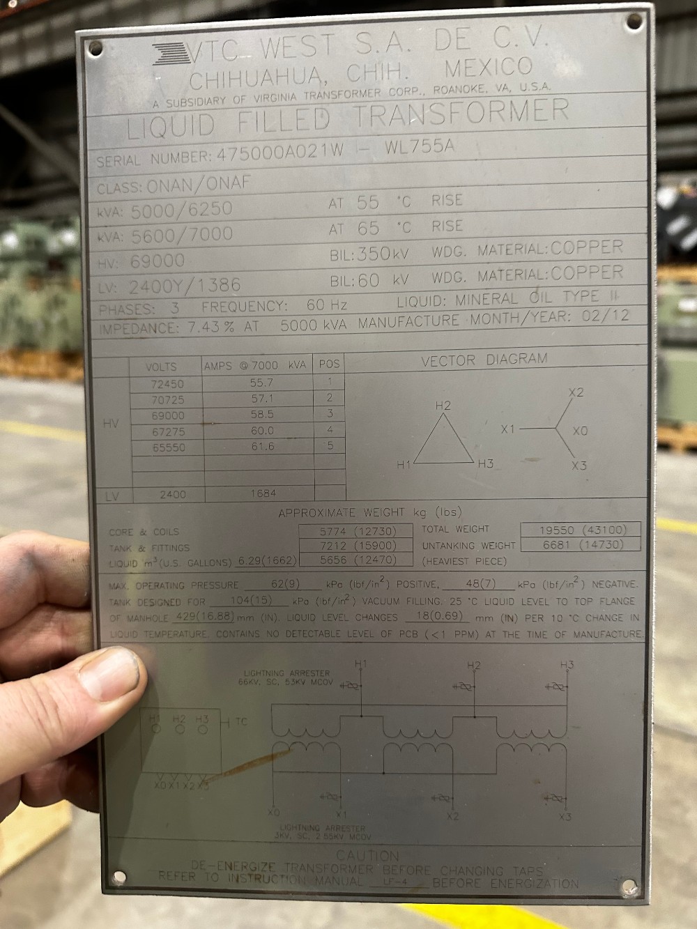 5000/5600/6250/7000 KVA 69000 Delta Primary, 2400Y/1386 Secondary, Substation, CU/CU, 2012, #T869 - Image 4