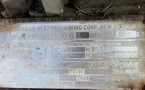 90 sq.ft., Spiral Heat Exchanger, American Heat Reclaming #1-V, Stainless Steel, 75 psi @ 275°F, 1975 - Image 5